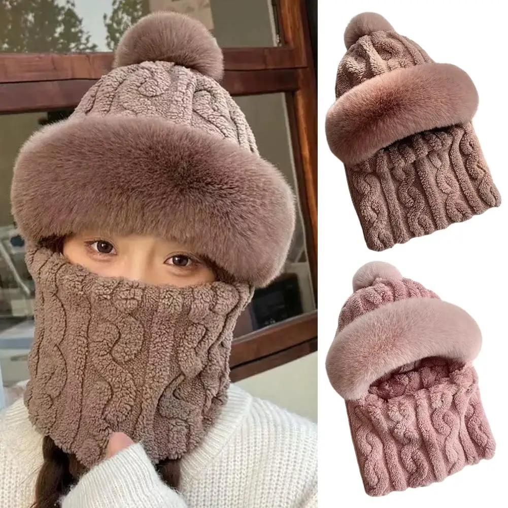 Winter Hat For Women Hooded Face Mask Fluff Keep Warm Thicken Style Neck Scarf Hooded Cap Beanie Knitted Cashmere Neck Warmer
