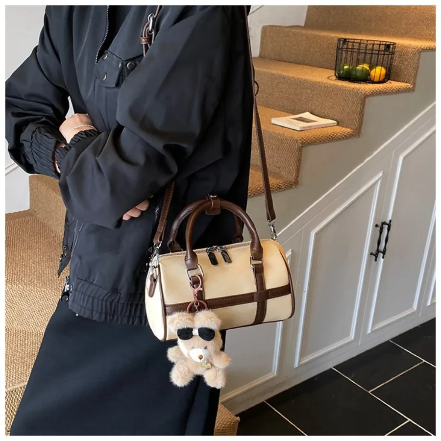 

New high-color literary handbag frosted deerskin velvet versatile shoulder pillow bag splicing crossbody Boston women's bag