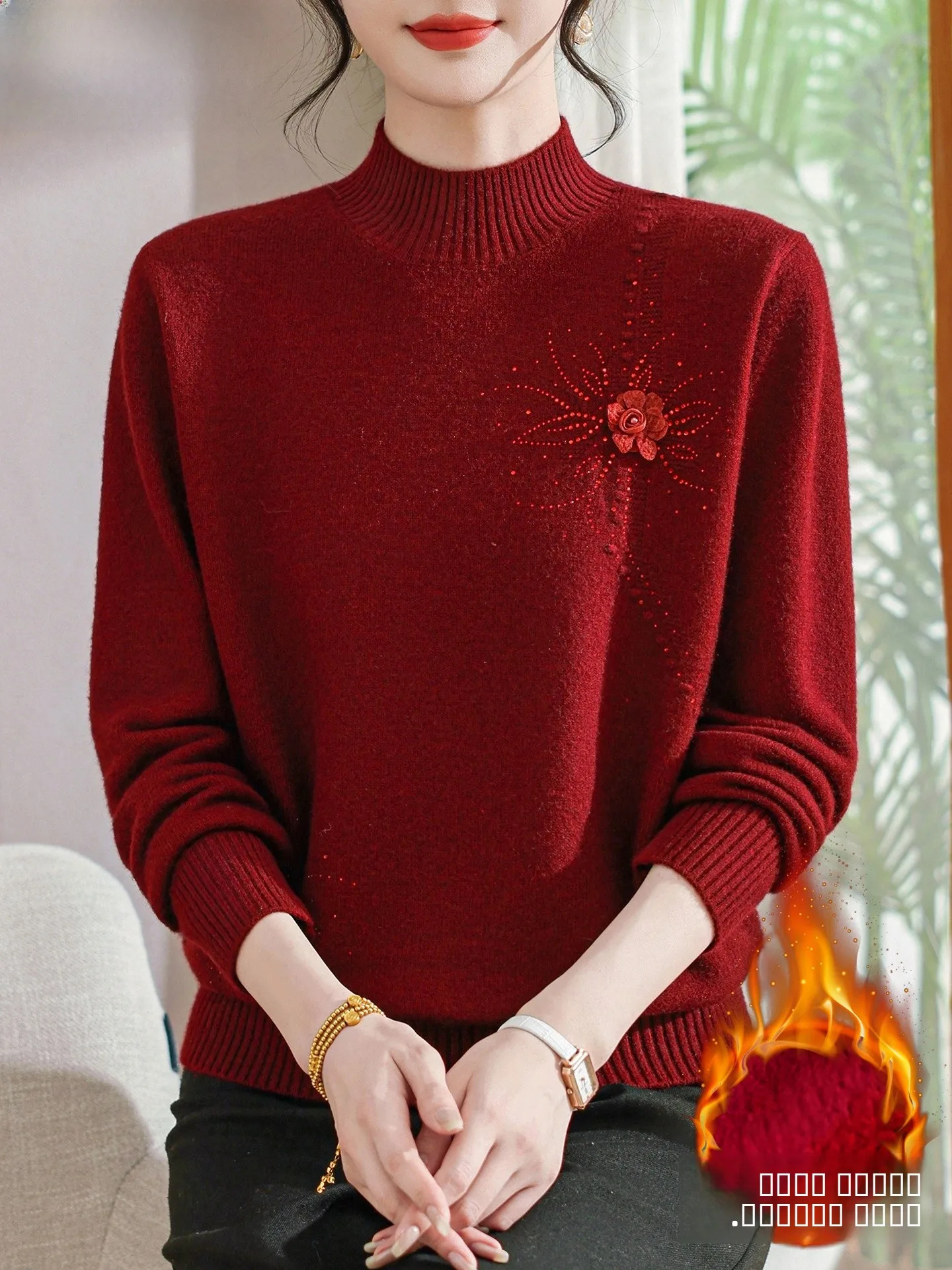 

Thiened Fce Winter Knitted Sweater Mid-aged And ly Women's Faionable Top Warm Long Sve Crew Ne Pullover