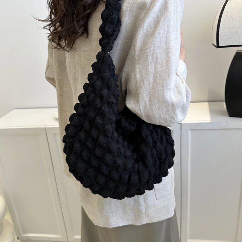 Large Capacity Shoulder Embroidered Plaid Quilted Crossbody Bag Underarm Bag Tote Bag Pleated Bubbles Handbag