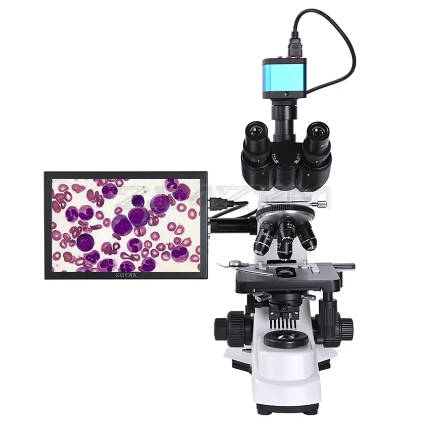 Professional Lab Biological HD Trinocular Microscope Zoom 2500X + 2/16MP Electronic Digital Camera USB HDMI VAG + 10-inch LCD