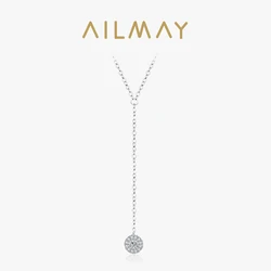 Ailmay 925 Sterling Silver Y-Shaped Pendant Necklace Dazzling Round CZ Long Chain Necklace For Women Wedding Engagement Jewelry