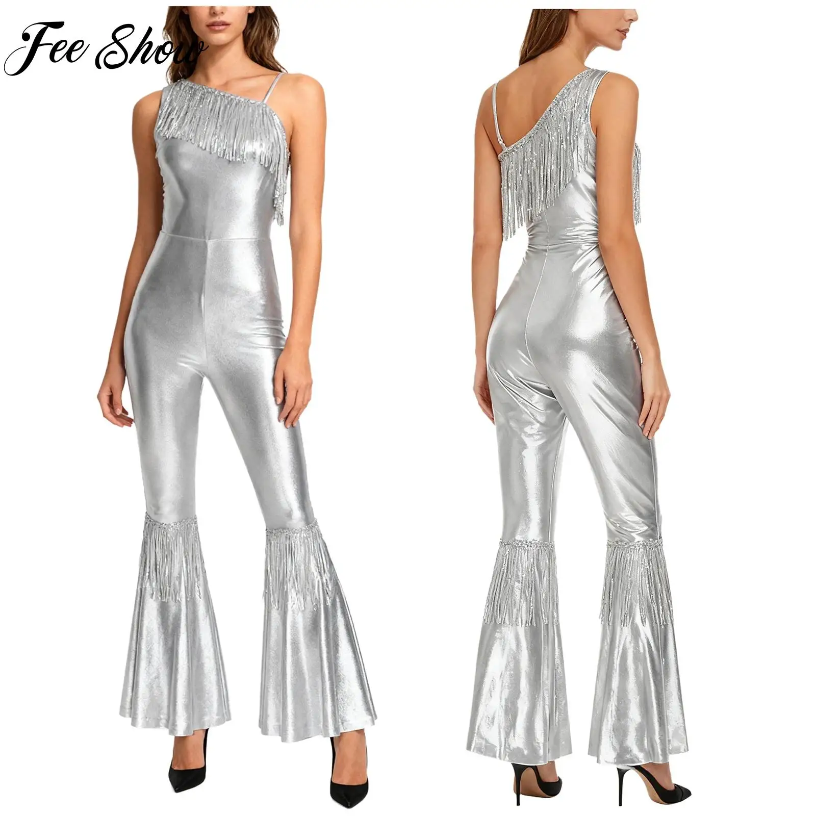 

Womens Vintage 80s Disco Dance Costume Carnival Party Clubwear Beachwear Sequin Tassel One Shoulder Shiny Metallic Jumpsuit