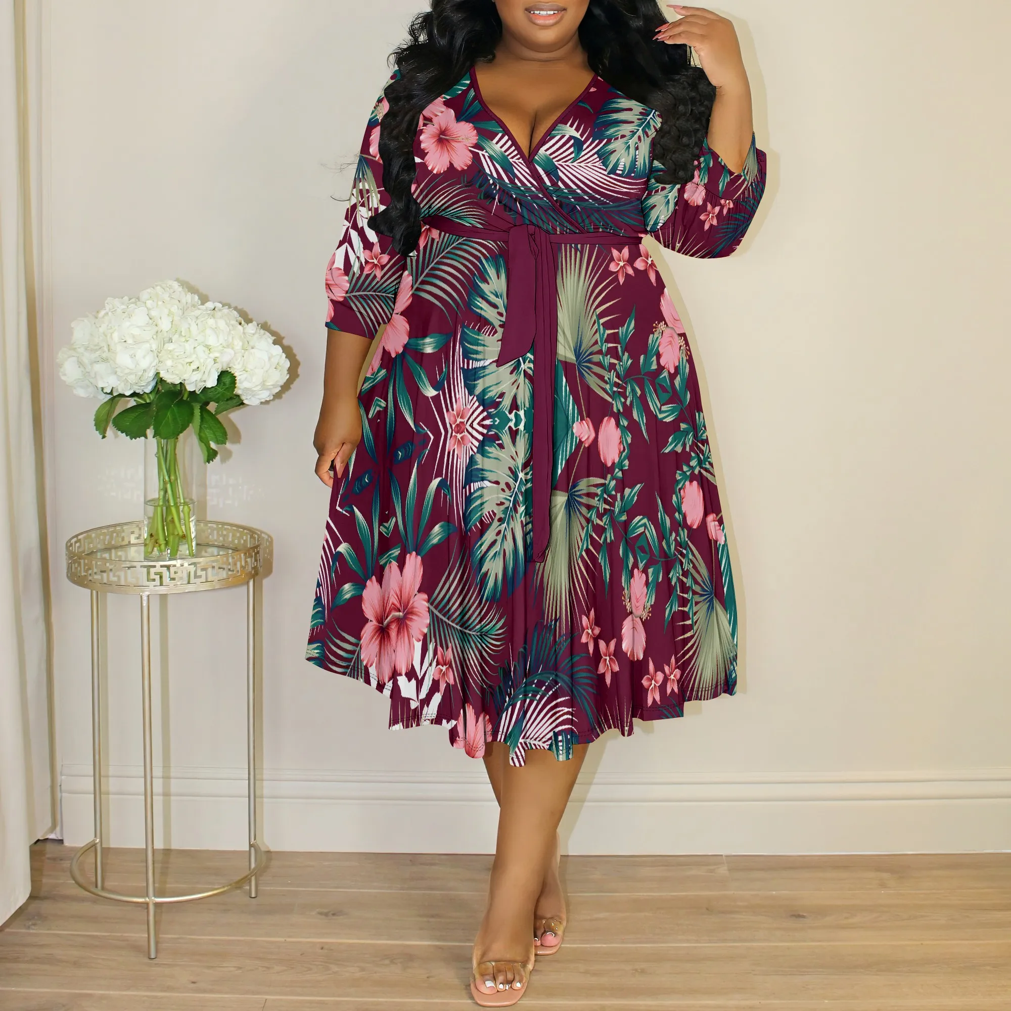 

Women's Mustard Yellow Floral Plus Size Belted Maxi Dress Polyester Summer Bold