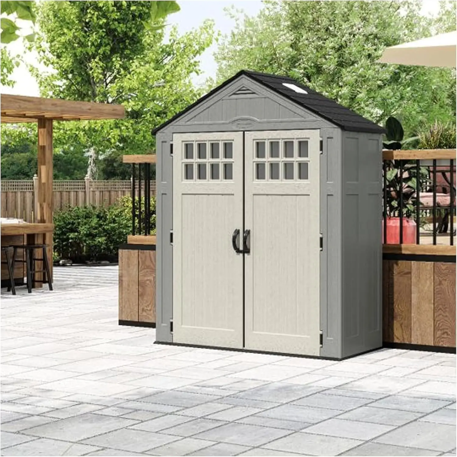 BMS6312D Everett 6' x 3' Heavy-Duty Resin Outdoor Pad-Lockable Double Doors and Windows All-Weather Shed for Yard Storage