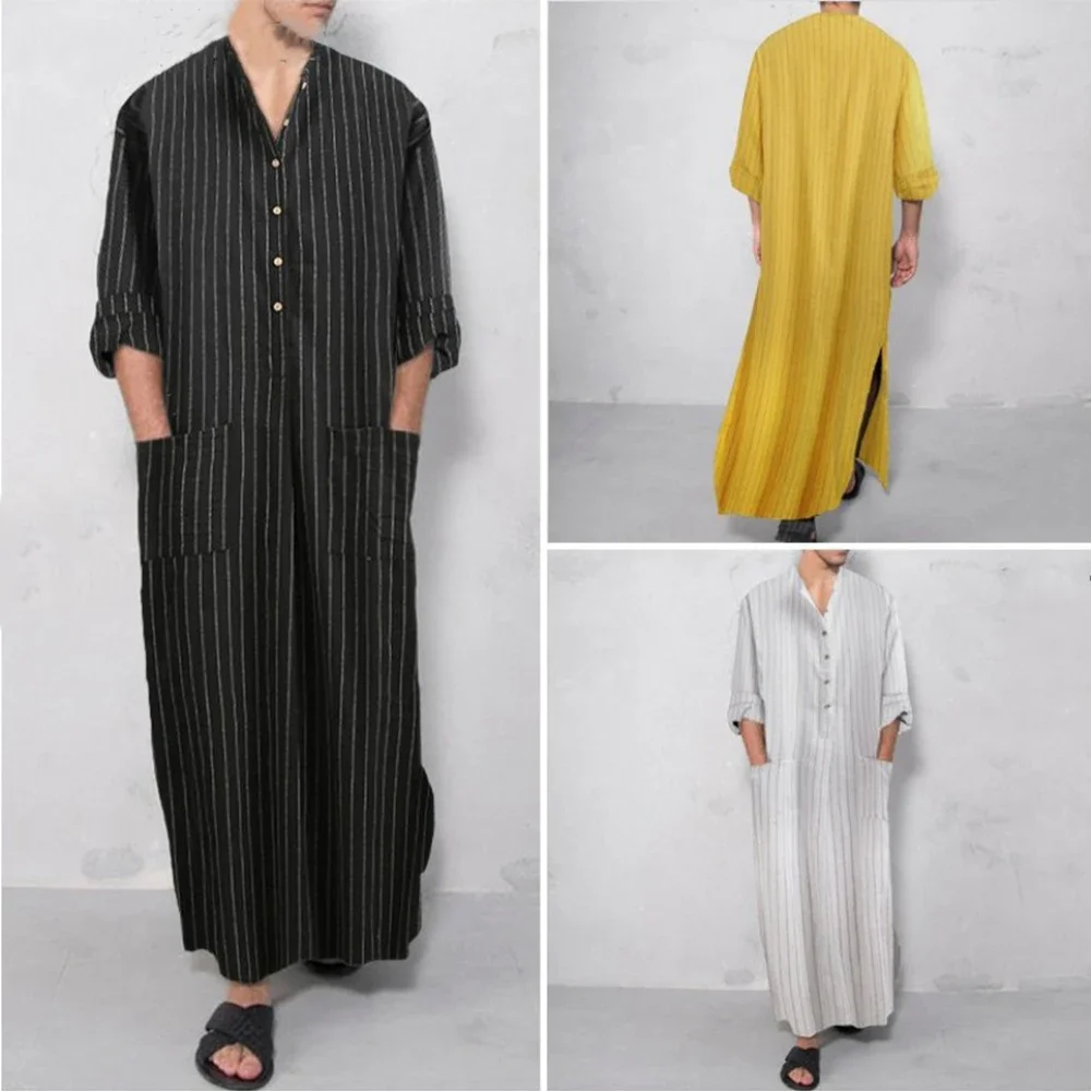 YUFEIDA Men Robes Kaftan Muslim Arab Islamic Vintage Long Sleeve Striped Thobe Muslim Kaftan Loungewear Plus Size Arabia Abaya