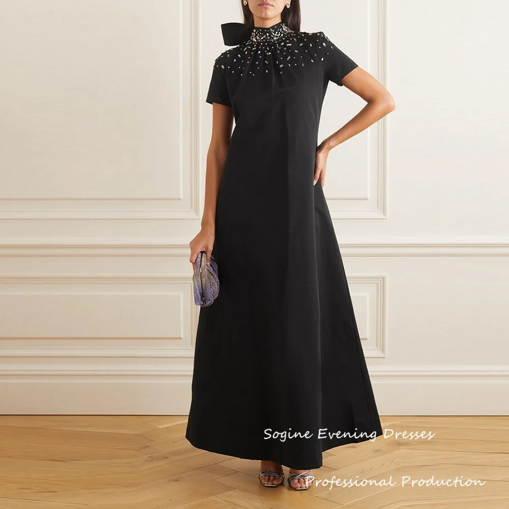 

Вечерние платья из крепа с высоким воротом и украшенной кристаллами с открытой спиной, платье для выпускного вечера с короткими рукавами на заказ для женщин, вечерние платья