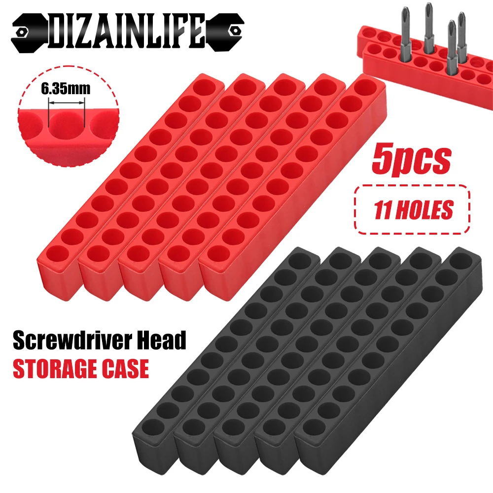 5PCS Screwdriver Bit Holder Hand Tools Drill Bits Organizer Rack Durable Screw Storage 11 Holes Red Case For 1/4inch Hex Tools