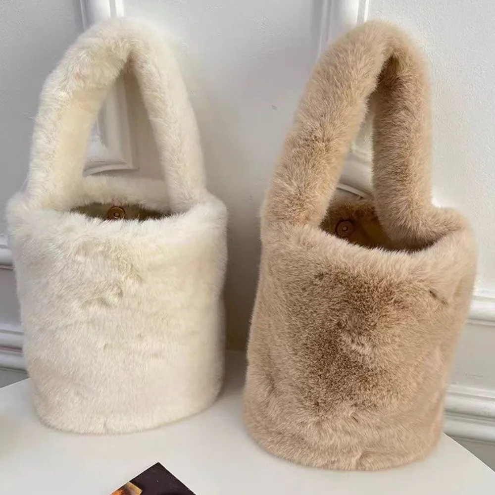 

Универсальная портативная сумка-тоут из искусственного меха, миниатюрная, пушистая, однотонная, имитация кроличьего меха, сумка-ведро для женщин