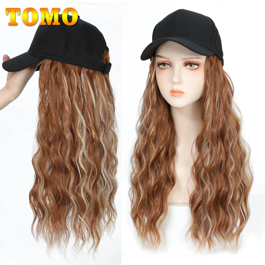 TOMO Baseball Cap With Curly Synthetic Hair Extensions For Women Long Water Wave Adjustable Hat Wig Wavy Hairstyle For Daily Use