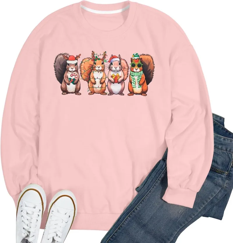 JINTING クリスマスプルオーバー 女性用 リス クリスマスライト スウェットシャツ かわいいクリスマスグラフィック 長袖プルオーバー 冬用パーカー