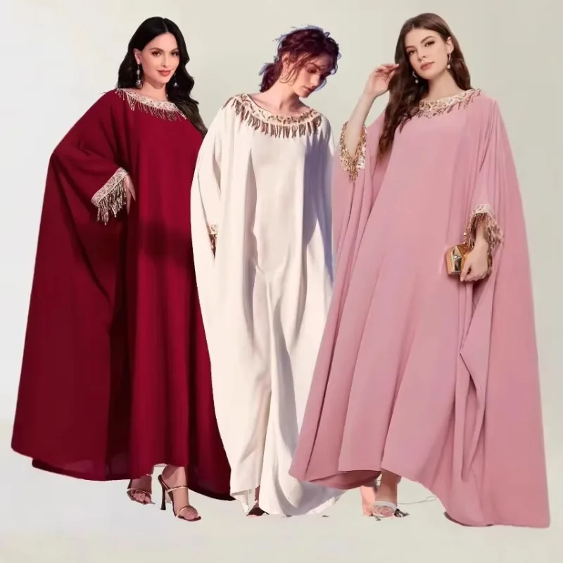 Muslim Arab Party Dresses Abaya Women Robe Tassel Batwing Sleeve Jalabiya Eid Ramadan Morocco Dubai Abayas Kaftan Islam Vestidos