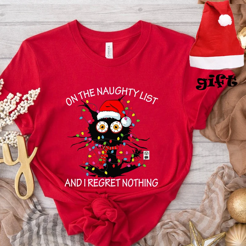 On The Naughty List, and I Regret Nothing Print Women Tees Tops Party Christmas Lights Black Cat T-Shirts with Christmas Hats