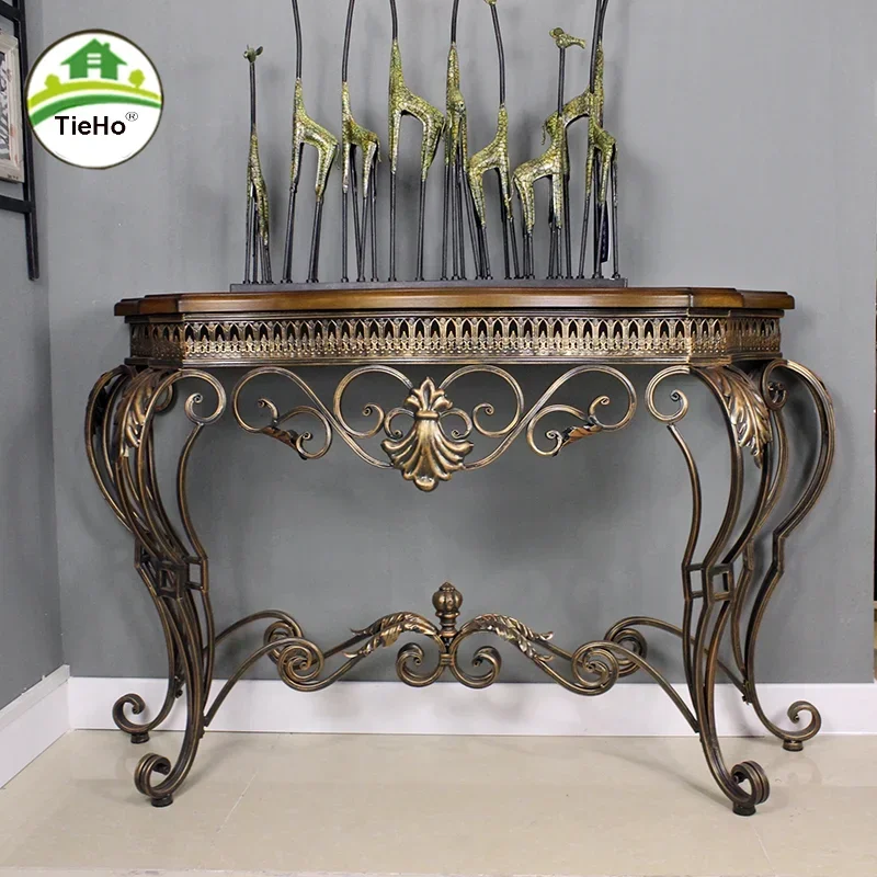 American Retro Hollow Flower Vine Console Table Wood Hallway Console Table Ginkgo Decor Wrought Iron Table Living Room Furniture