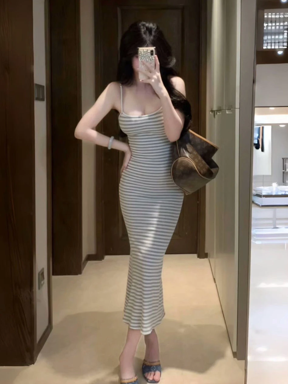 

Adjustable Strap Slimming Long Dress Spring Summer New Arrival Pure Desire Stripe High Waist Bridesmaid Dress Women's Fashion