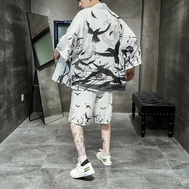 4XL 5XL Mens Plus Size Japanese Streetwear Tracksuit Men Summer Two Piece Set Kimono Shirt + Shorts Male Clothes Men 2 Piece Set