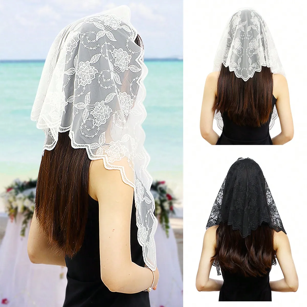 1Pc Simple Solid Color Polyester Triangle Scarf, Women's Breathable Decorative Scarf, Triangle Scarf Wedding Veil, Embroidered Shawl for Bride and Bridesmaid, Wedding Dress Shawl, Bridal Veil Lace Headscarf