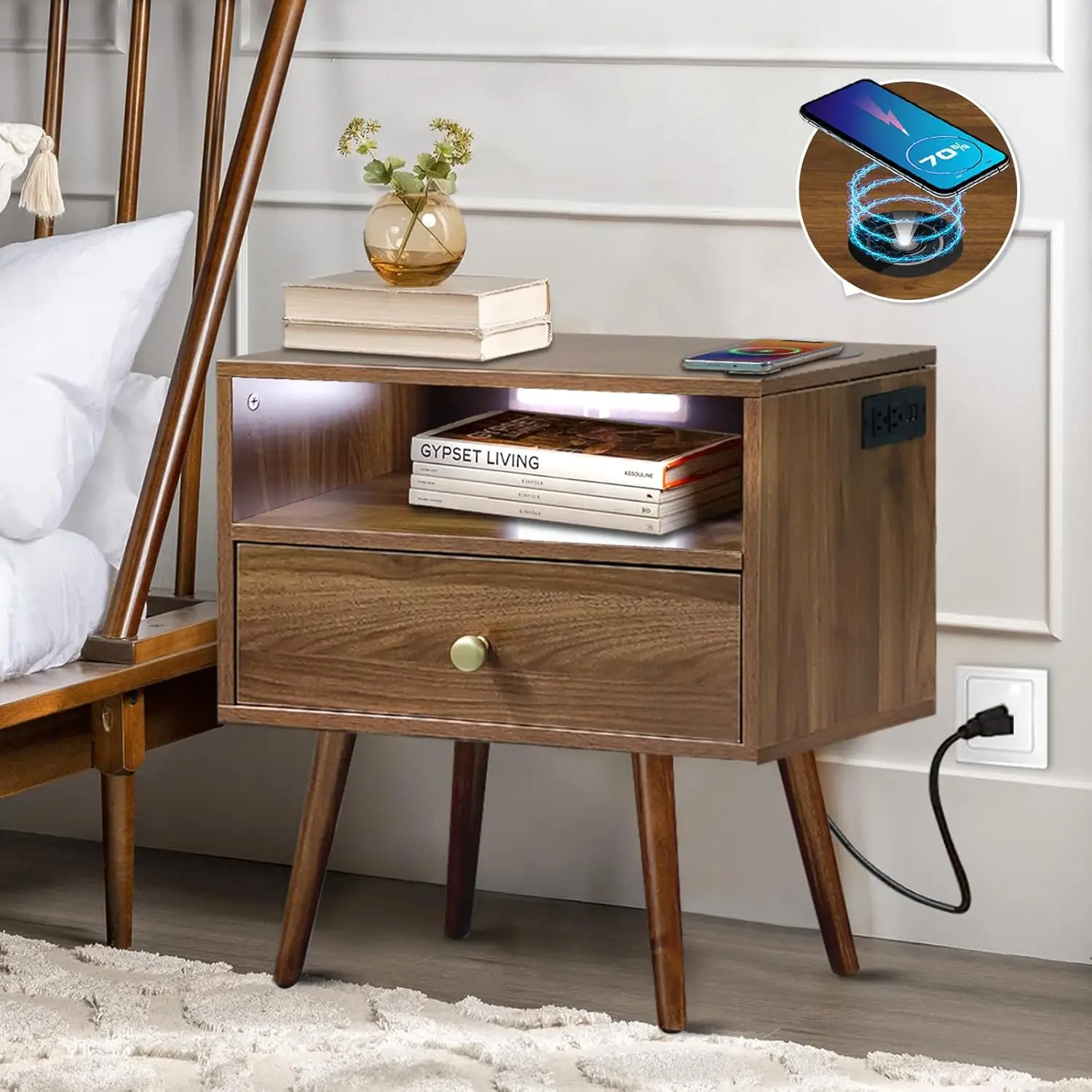 

Wood Nightstand with Wireless Charging and LED Light - 20" W x 14" D x 24" H Large Bedside Table with Charging Station, Mid Cent