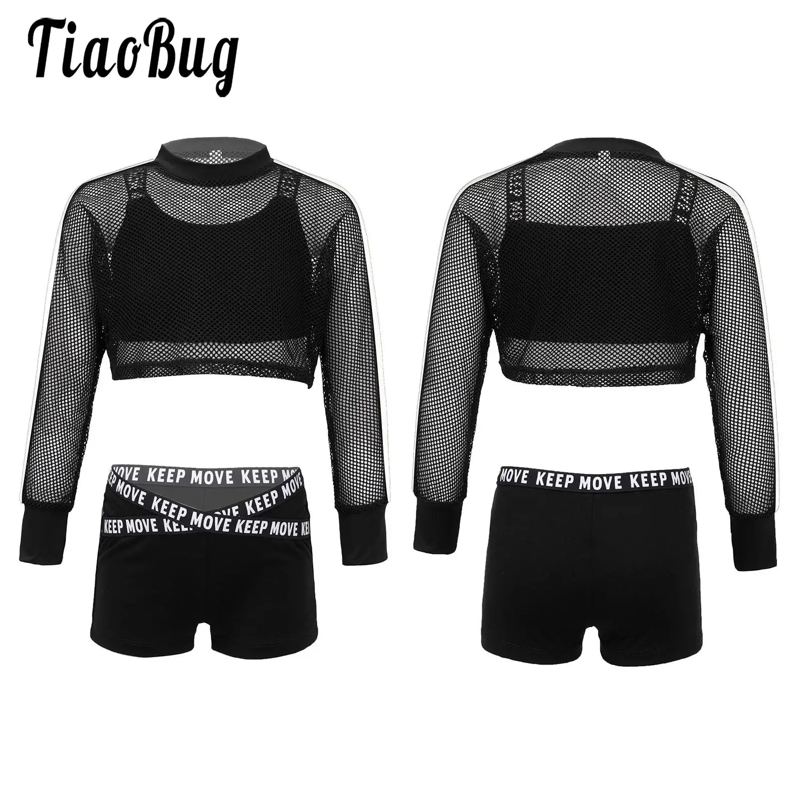 

3Pcs Kids Girls Hip Hop Street Dance Costume Outfit Vest Fishnet Shirts And Shorts Set for Modern Dancing Cheerleaders Clothes