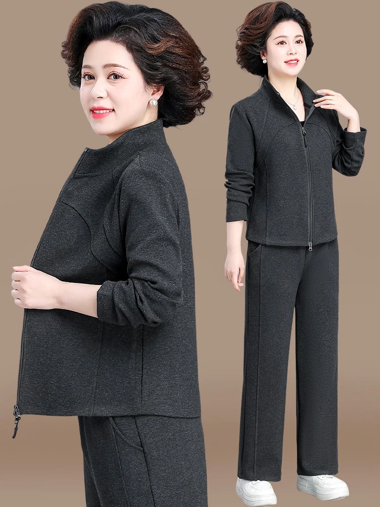 

Spring Faion Sportswear Set for Middle-Aged Women Casual Two-Piece Suit Loose Fit Long Pants Zipper Closure Color