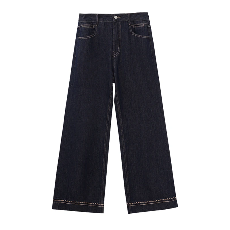 ALXNAN Dames donkerblauwe wijde jeans met hoge taille Herfstborduurwerk Zijden sjaal Rechte pijpen Losvallende casual denimbroek L57308