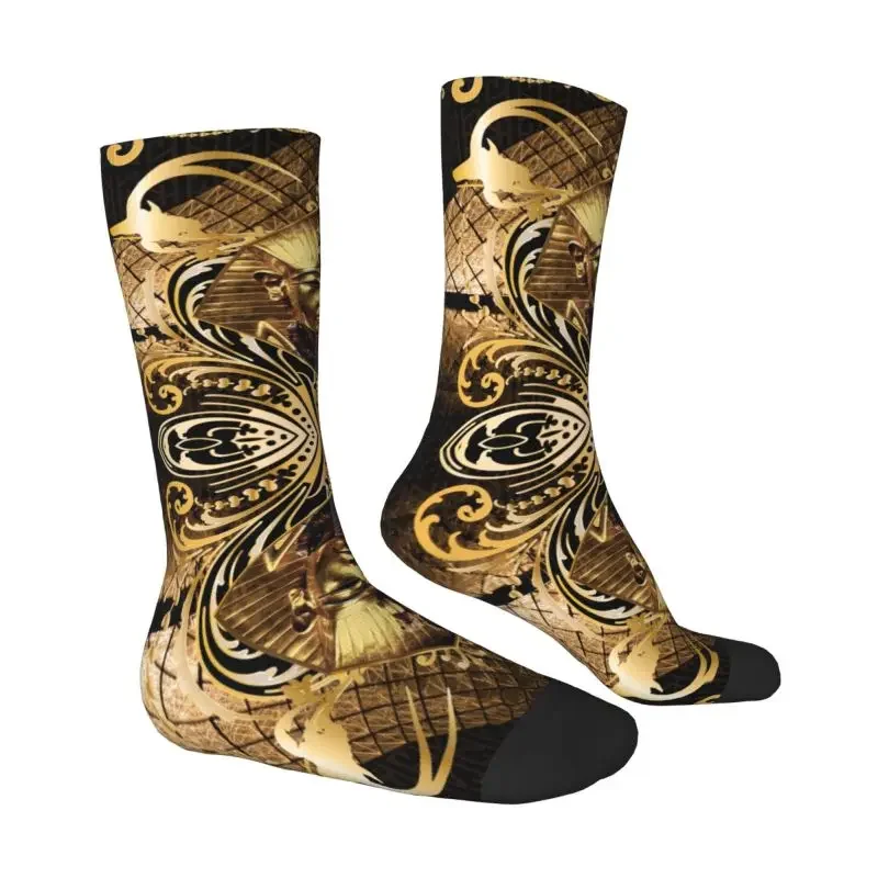 Gold Ancient Egypt God Pharaoh King Tut Mens Crew Socks Unisex Cute 3D Print Egyptian Hieroglyphs Dress Socks