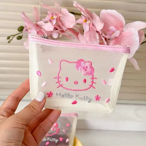Cute Sakura Hello Kitty Storage Bag Cartoon Embroidery Mesh Cosmetic Bag Fashion Portable Coin Purse Wallet Mini Makeup Bag Gift