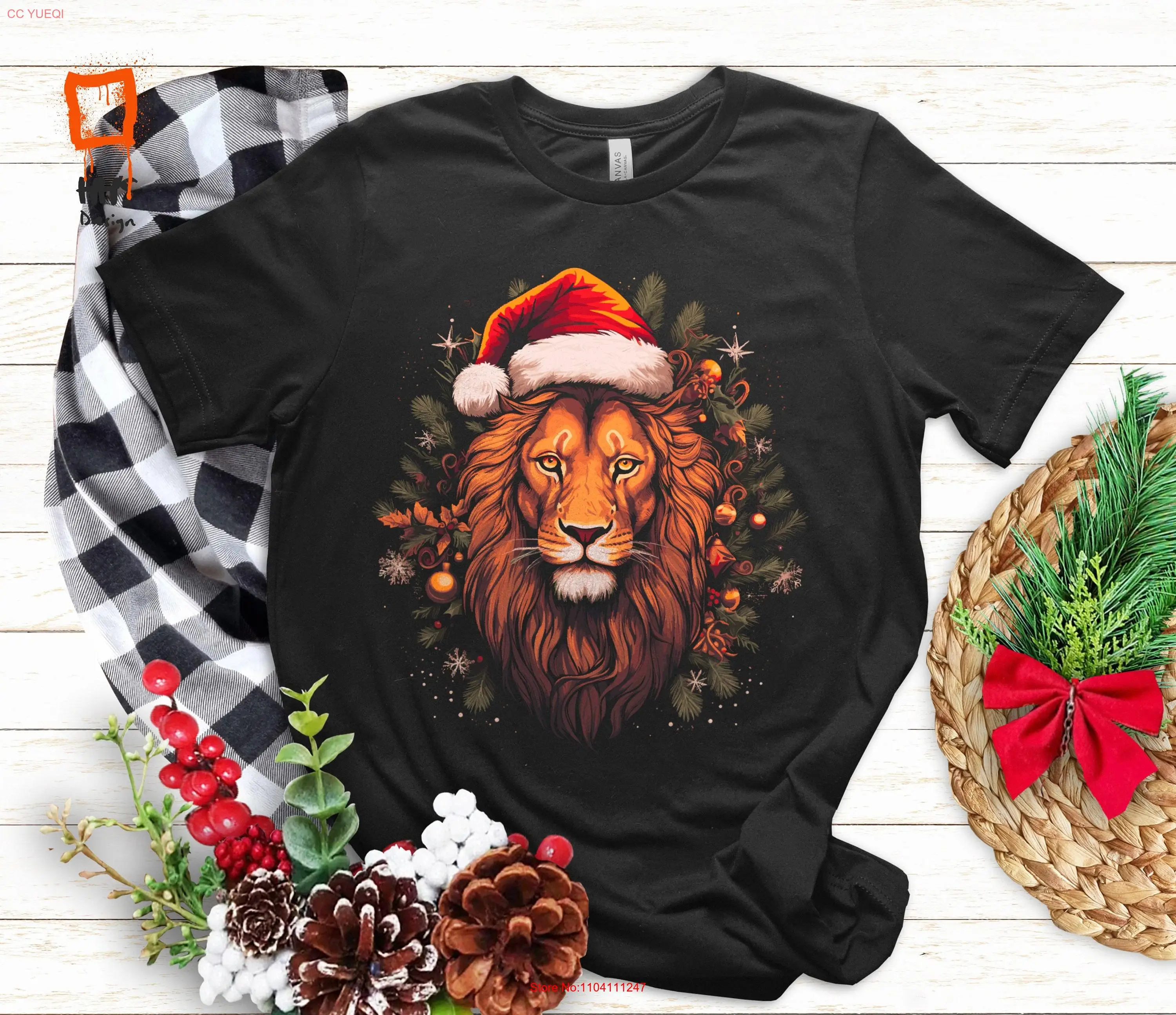 Regal Christmas Lion T Shirt Majestic with Santa Hat Artistic Holiday Animal Apparel Festive Winter Top