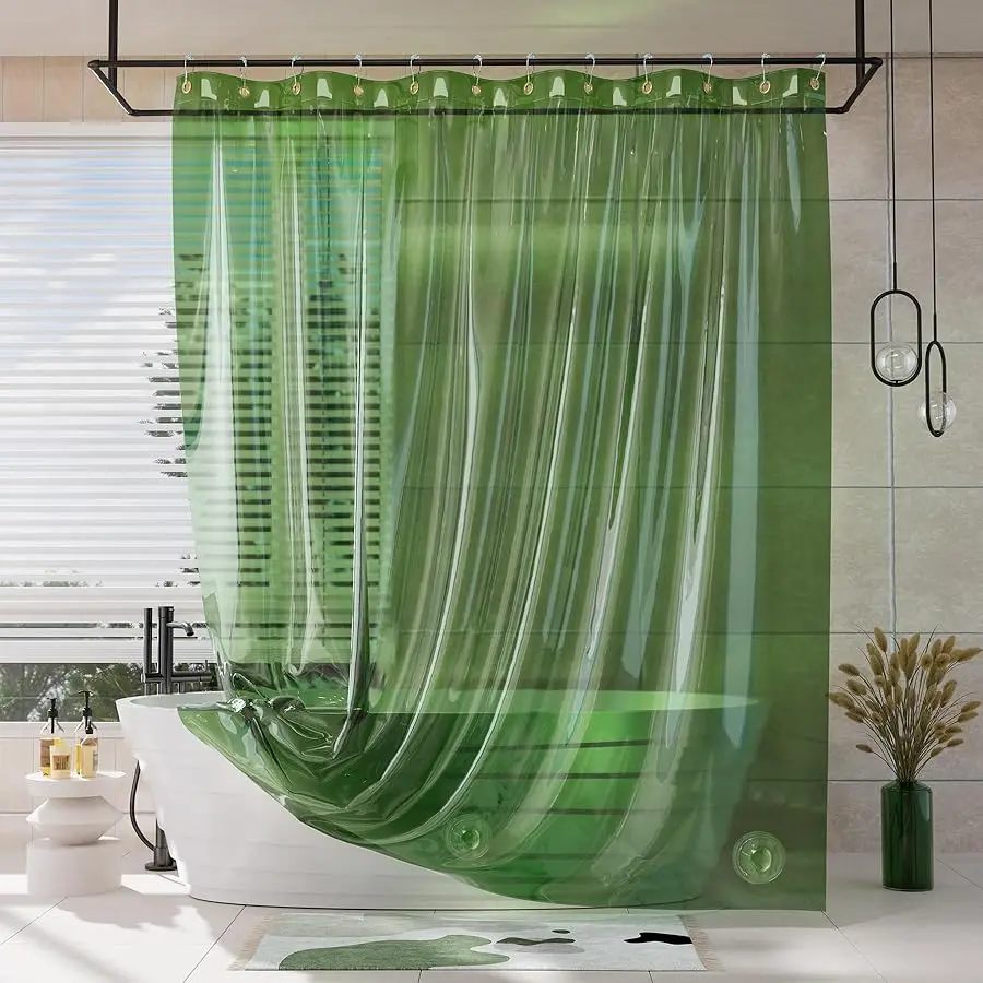

Shower Curtain Liner, 100% E A Soft Clear Green Hea y Duty Luxury Shower Curtain and Liner 2-in-1, 72x72 Plastic Weighted Bathro