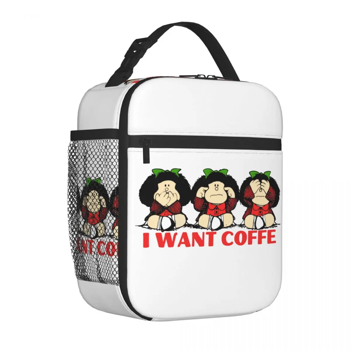 Mafalda I Want Coffe Insulated Lunch Bags Large Cartoon Reusable Thermal Bag Tote Lunch Box Beach Picnic Food Bag