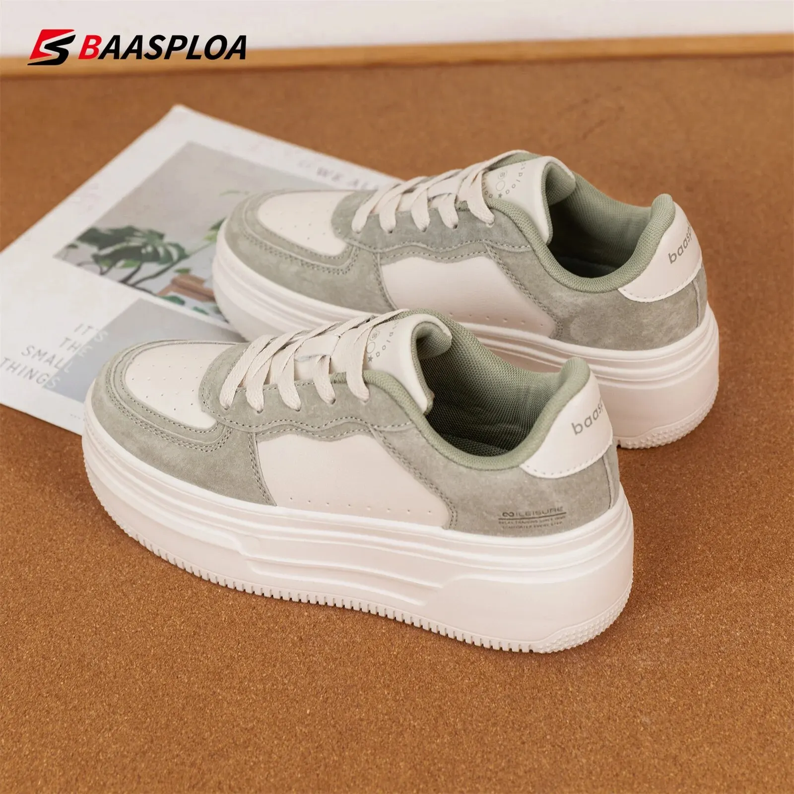 Baasploa tênis plataforma feminino moda couro casual sapatos de sola grossa para mulher conforto branco sapatos de skate antiderrapante