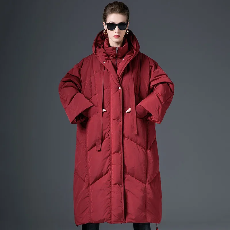 Winter Nieuw Origineel Ontwerp Dames Lange Verdikte Eend Donsjack Losse Plus Size Witte Eendenveren Jas Comfortabel Gewatteerd