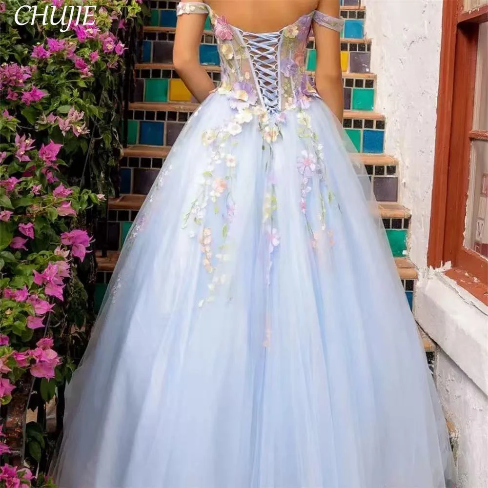 Applique Flowers Women Prom Dress Evening Dresses Summer Beach Wedding Party Gowns A Line Customized Celebirty Birthday Dress