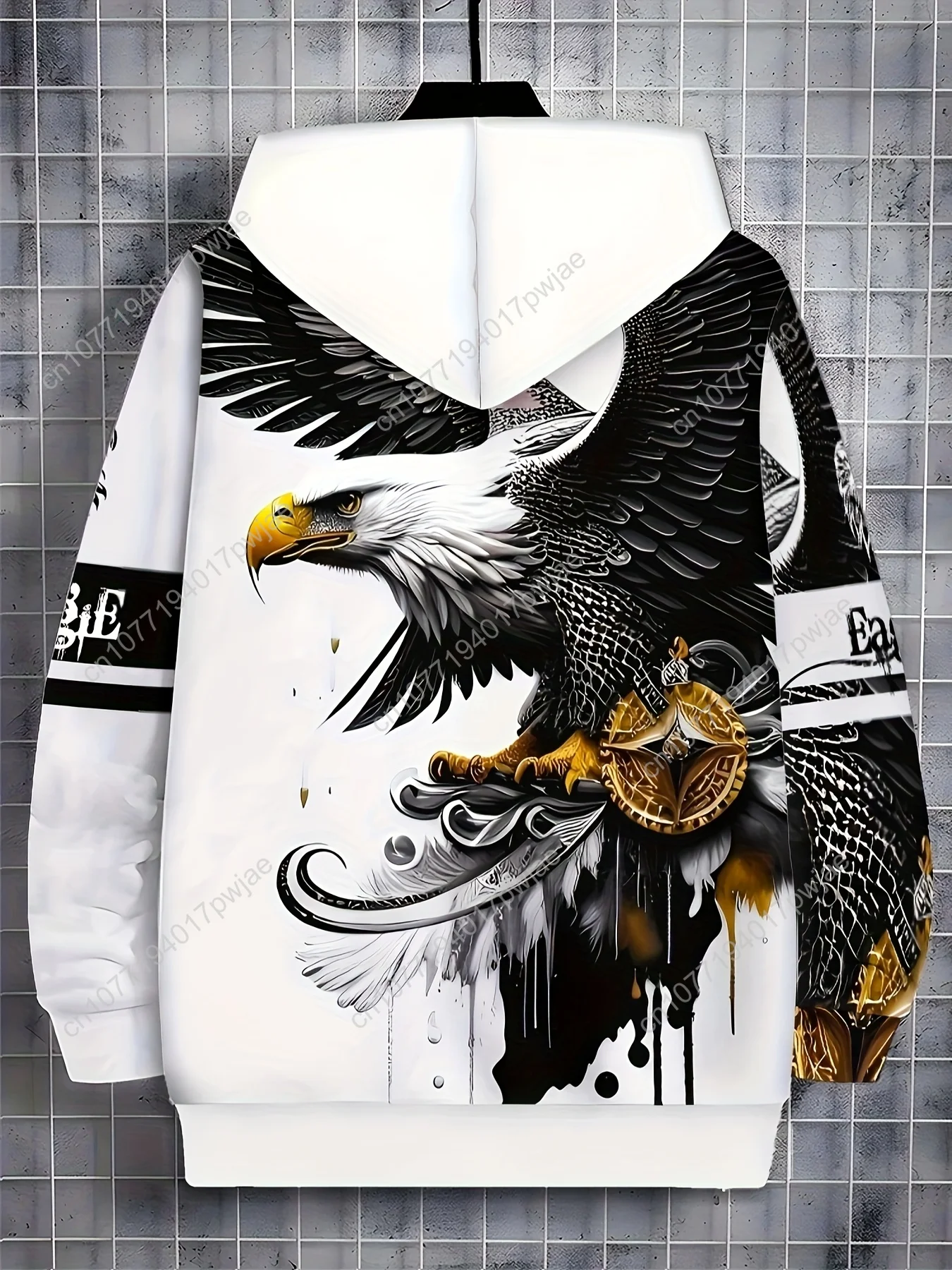 Moletom casual masculino com capuz com estampa Eagle & "Baseball", jaqueta de manga comprida com zíper e cordão e bolsos, preto e branco