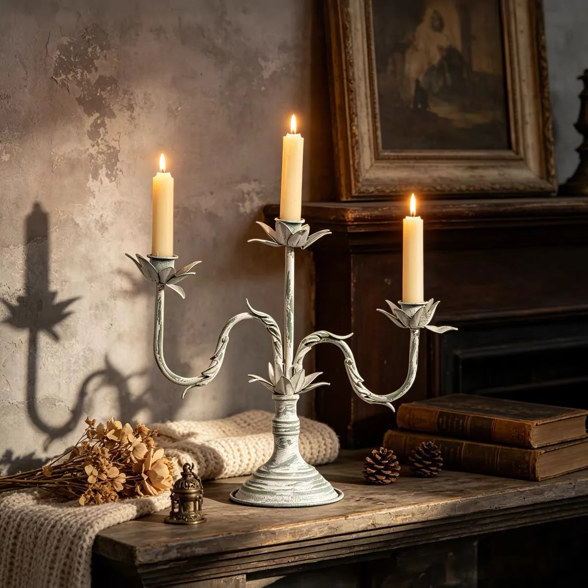Vintage French 3-Arm Candelabra, Distressed Iron Floral Vine Taper Candle Holder for Wedding Table Farmhouse Decor