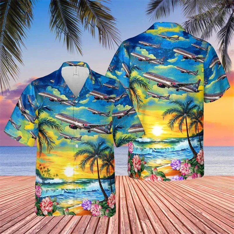 Vintage Airplane 3D Printed Hawaiian Shirt For Men Beach Pattern Blouses Harajuku Fashion Short Sleeve Tops Lapel Aloha Shirts