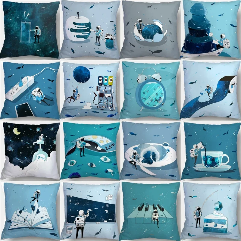 45x45cm Ins Spaceman Astronaut Pillowcase Creative Teal Blue Cushion Cover Custom Sea World Fish Animal Sofa Throw Pillowslip