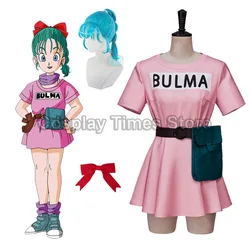 Bulma disfraz de Cosplay para mujer, conjunto completo de vestido rosa, sombreros, bufanda púrpura, cinturón, bolsa, Peluca de disfraz de Halloween