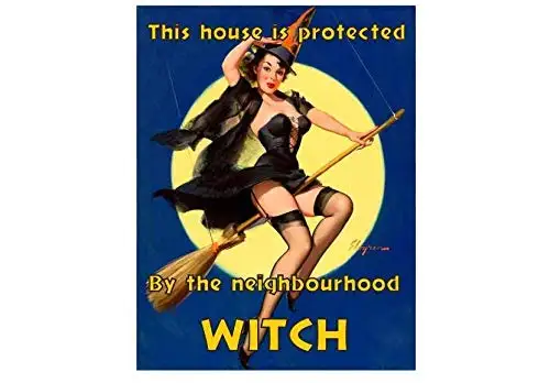 Pin Up Girl This House is Protected by The Neighbourhood Witch Vintage Style Metal Advertising Wall Plaque Sign 8 X 12 in