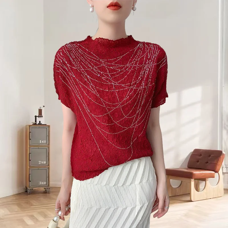 

Miyake Pleats T-shirt Summer Niche Fold Half Turtleneck Plisse Top Women Pleat Staple Diamonds Pleats T-shirt Design Sense Niche