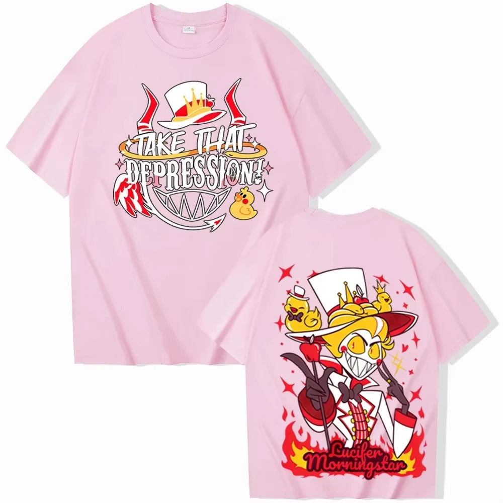 Hazbin Hotel Lucifer Graphic Washed Cotton T‑shirt Unisex Oversized Trendy Short Sleeve Harajuku Streetwear Casual Tops