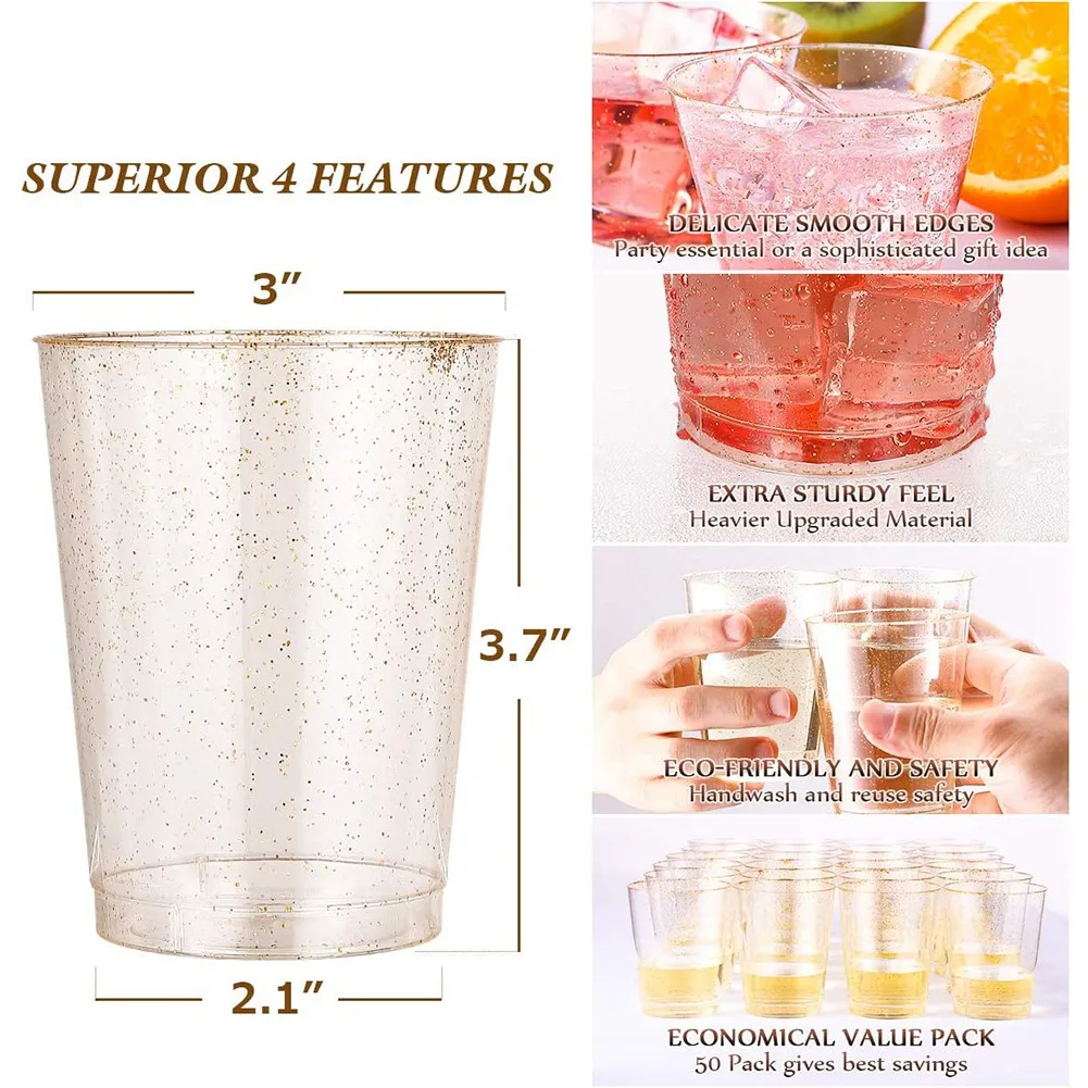 Vasos de plástico dorados para actividades, copas de vino de plástico desechables con purpurina dorada, vasos de plástico transparente, vasos para fiesta de Navidad