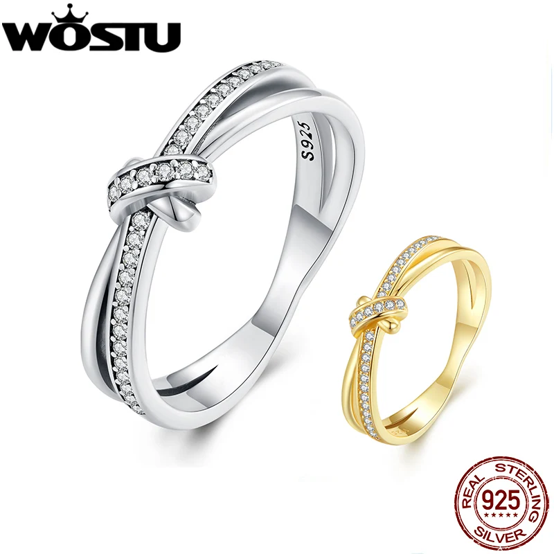 WOSTU Real 925 Sterling Silver Vintage Knot Band Rings For Women Retro Clear CZ Wedding Ring Bezel Fine Jewelry Gift CQR896