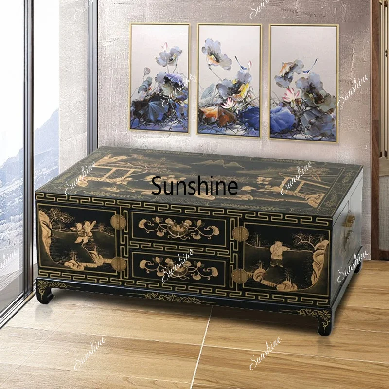 

New Chinese retro coffee table living room storage gold painting box table