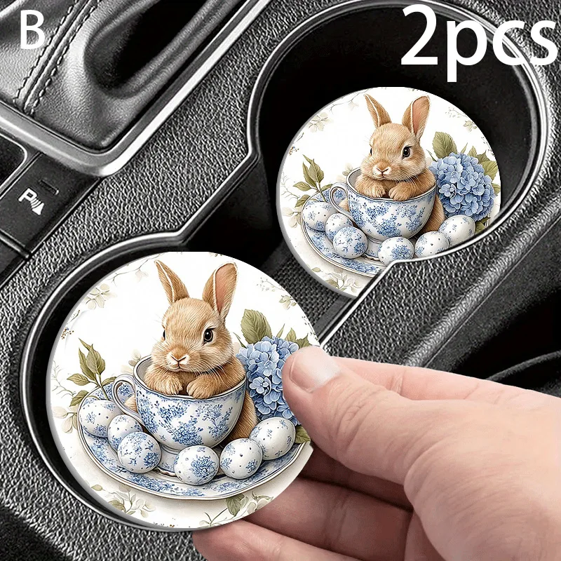 2Pcs Easter Bunny Blue Floral Teacup Pattern Leather Car Cup Holder Coasters, Anti Slip Base Waterproof Washable Auto Interior A