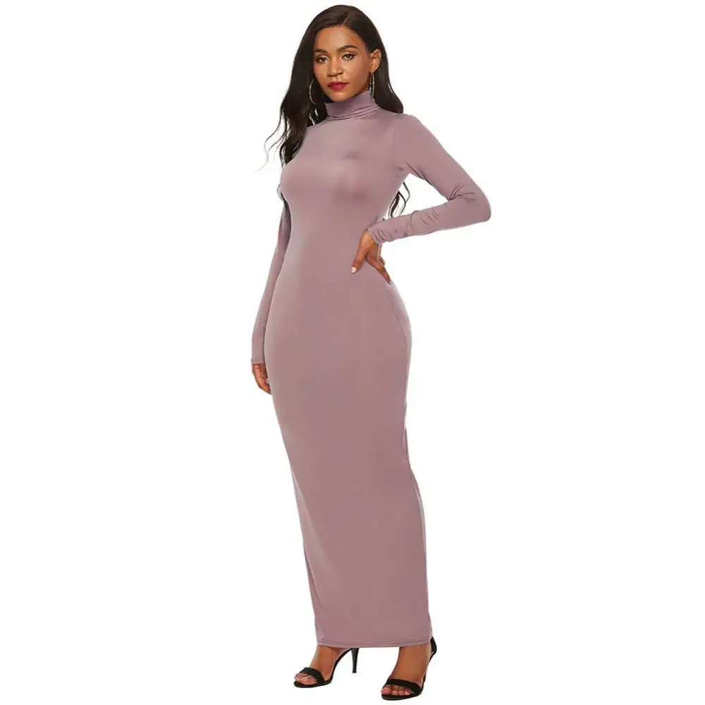 

S-5XL Size Party Solid Color Women Long Sleeve Turtleneck Bodycon Maxi Dress Autumn Winter Slim Sexy Dresses Apricot/Black/