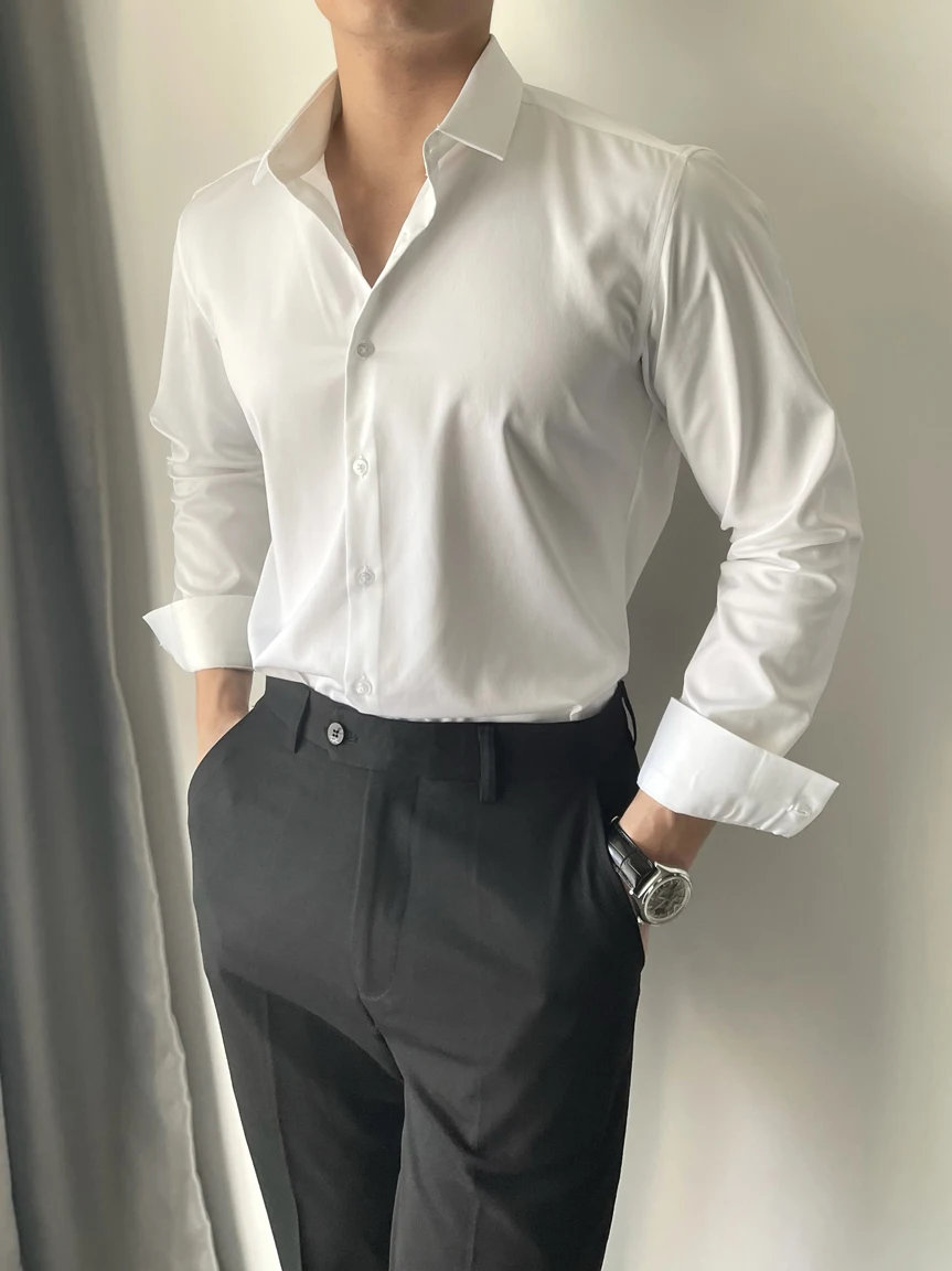 

American Sle Hard Man White irt Muscle Men Slim Fit No Iron Long Sve Busin Casual Formal irt West Suit Base Inch ...