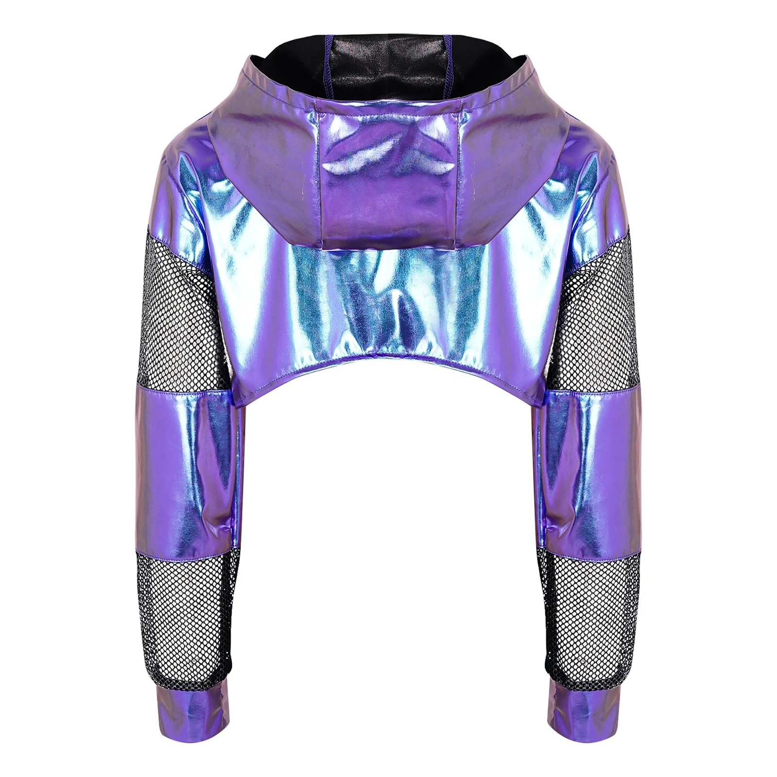 Kinder Mädchen Metallic Hoodie Hip-Hop Jazz Dance Performance Kostüm Mesh Patchwork Langarm Kapuzenpullover Crop Top Sweatshirt – Detail 15