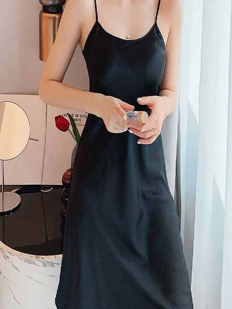 Summer Casual Pyjamas Camisole Homewear Solid Color Sling Nightdress Ice Silk Suspender  Nightdress Women Sleepwear