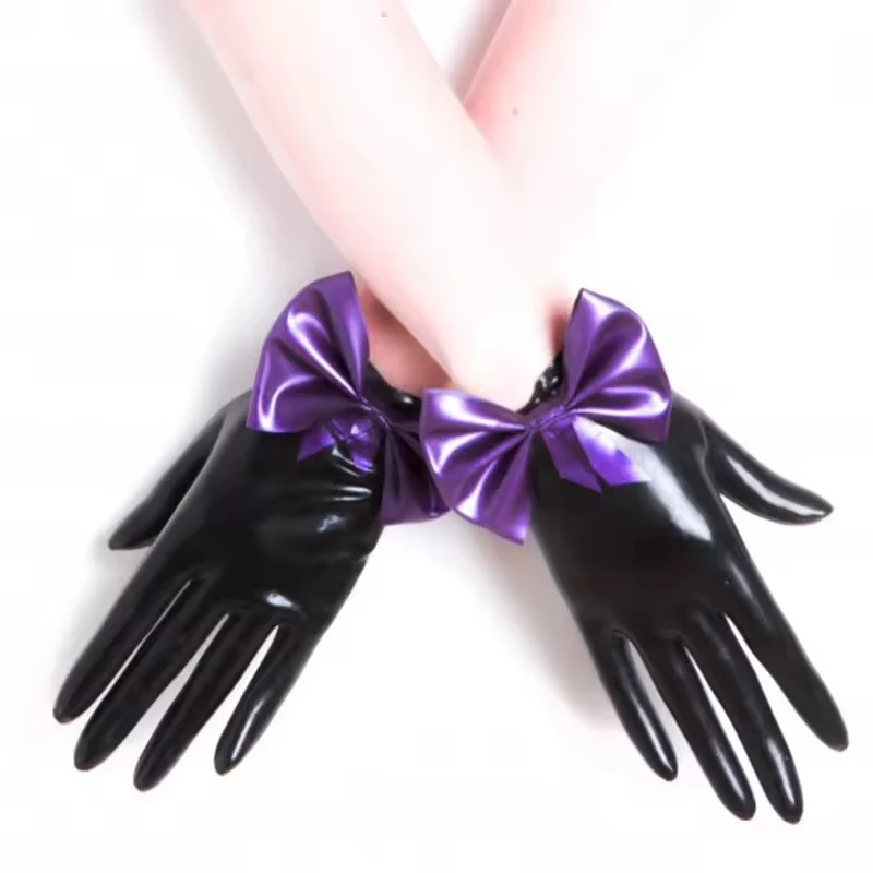 Natural Latex Short Gloves Sexy Gloss Bowknot Lolita Princess Cosplay Full Finger Gloves Fetish Cross-dressing BF Party Cos